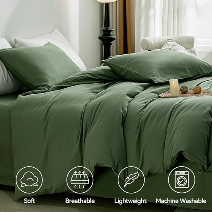 JELLYMONI Green Duvet Cover Twin Size - 100% Washed Cotton Linen Feel Textured Comforter Cover, 2 Pieces Breathable Soft Bedding Set with Zipper Closure (Green, Twin 68"x90")