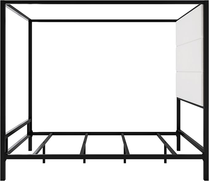Merax Queen Size Modern Canopy Bed Frame, with Tall Linen Fabric Upholstered Headboard Metal 4-Poster, Box Spring Needed, Black + White