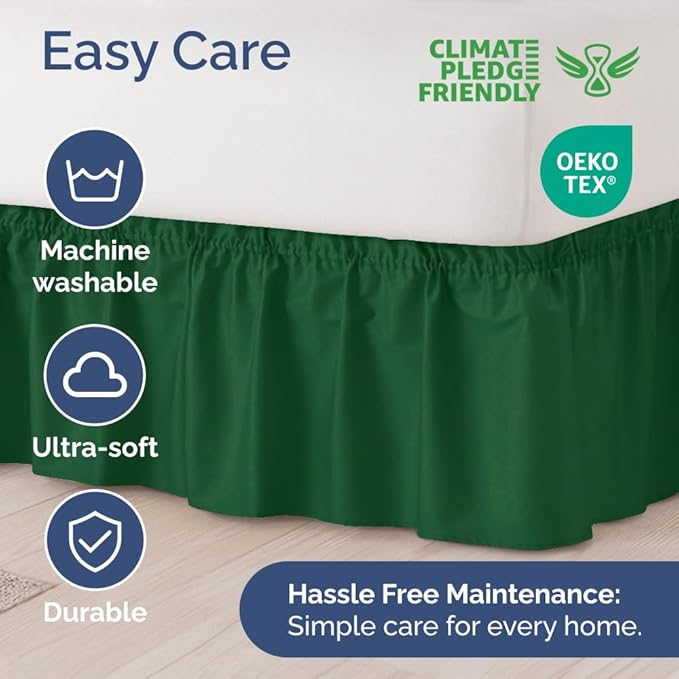 Wrap Around Dust Ruffle Bed Skirt - Emerald - for Queen Size Beds w/ 15 Inch Drop - Easy Fit Elastic Strap - Adjustable Pleated Bedskirt w/Brushed Fabric - Wrinkle Free - for Women, Men, Kids & Teens