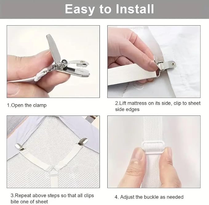 6 Ways Heavy Duty Sheet Holders Keep Sheets Firm and Tight - Sheet Clips, Bed Sheet Holders for Corners, Mattress Straps to Hold Sheets in Place, Bed Sheet Clips (White, 6 Way Bed Straps)