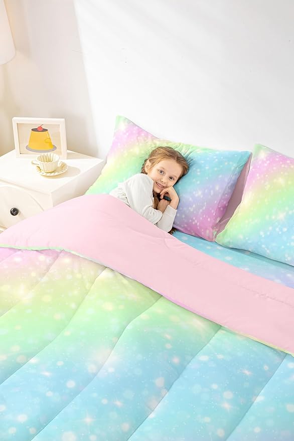 Erosebridal Rainbow Bedding Set for Kids Girls Teens Women Tie Dye Pastel Comforter Set Twin Size Golden Stars Glitter Bedding Comforter Set Watercolor Art Girly Quilt Set Sweet Bedroom Decor 2 Piece