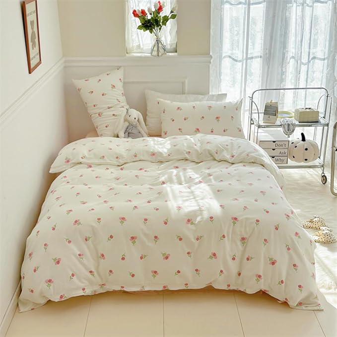 Nayoroom Pink Floral Duvet Cover Twin Size Cute Tulip Printed on White Comforter Cover 2Pcs Kids Girls Kawaii Cottagecore Bedding Set with Zipper Closure Soft Breathable Microfiber