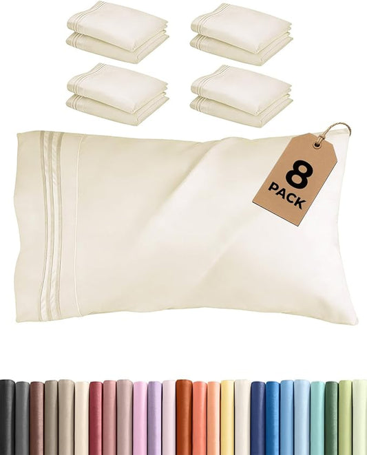 King Pillow Cases Set of 8 - Ultra Soft Hotel Quality Pillowcase Covers - Comfy. Cozy & Wrinkle Free - Shrink, Stain and Fade Resistant - Machine Washable Pillow Protectors - 8 Piece Set - Off White