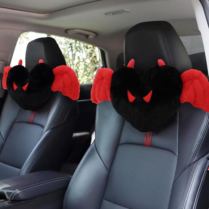 Sexysamba 2 Pcs Heart Shaped Car Headrest Pillow Devil & Angel Wings Neck Pillow Cute Car Seat Decor Neck Support Cushions for Travel Sleeping, Driving, Home, Office, Black Devil