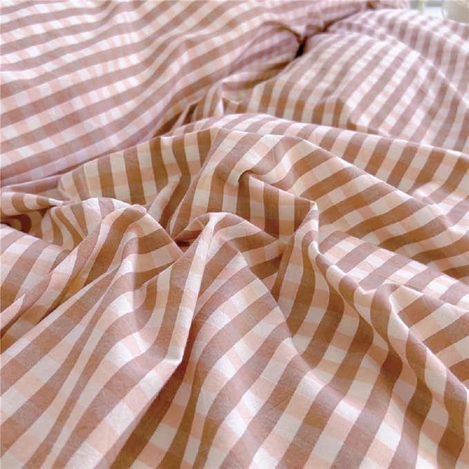 LifeTB Pink Gingham Comforter Set King 3 Pieces Ruffle Pink Plaid Comforter Set Fluffy Soft Grid Bedding Set Vintage Checkered Comforter with 2 Pillowcases Farmhouse Gingham Plaid Bedding Set King