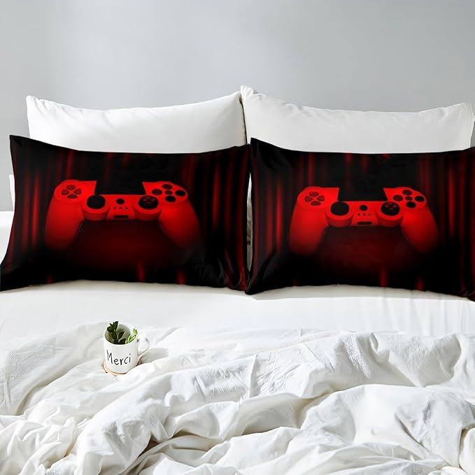 Feelyou Twin Comforter Set for Boys Gamer Bedding Set for Boys Kids Gaming Comforter Red Black Teen Child Gamer Room Decor Soft Game Geometric Duvet Quilted 1 Comforter with 1 Pillowcase Gamer Gifts