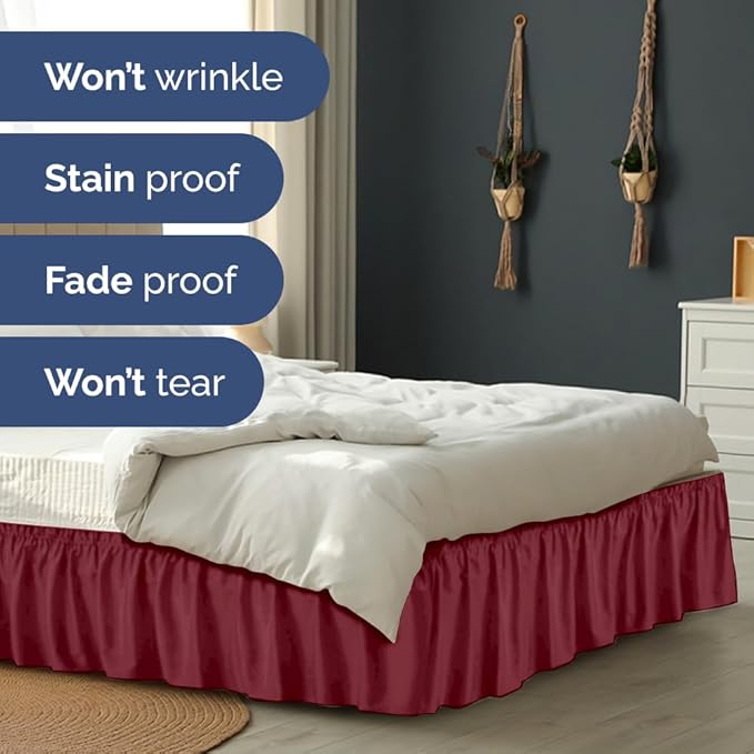 Wrap Around Dust Ruffle Bed Skirt - Burgundy - for Queen Size Beds with 15 Inch Drop - Elastic Strap - Adjustable Pleated Bedskirt with Brushed Fabric and Wrinkle Free - for Women, Men, Kids & Teens