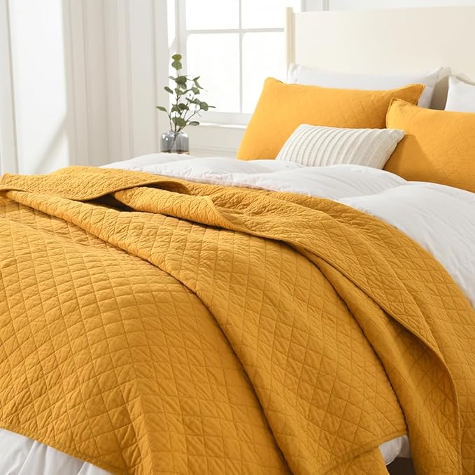 Cotton King Quilt Bedding Sets, 3 Pieces Reversible Lightweight Coverlets Comforters Bedspreads for All Seasons, Geometric Stitched Pattern,Yellow