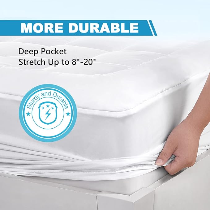 Twin XL Mattress Pad Cover Pillow Top with Stretches to 18” Deep Pocket Fits Up to 8”-21” Cooling White Bed Topper (Down Alternative, Twin XL Size)