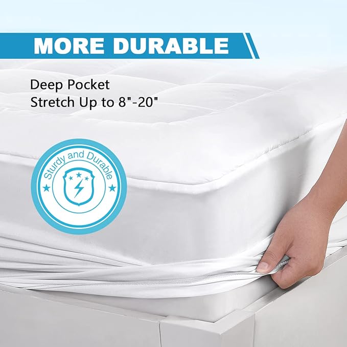 oaskys King Mattress Pad Cover Cooling Mattress Topper Pillow Top with Down Alternative Fill (8-21”Fitted Deep Pocket King Size) White