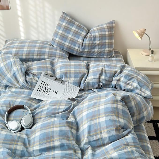 LifeTB Blue Plaid Duvet Cover Twin Soft 100% Washed Cotton Gingham Bedding Set Reversible Buffalo Grid Duvet Cover with 2 Pillowcases Cozy Breathable Plaid Checkered Comforter Cover for Teen Boys