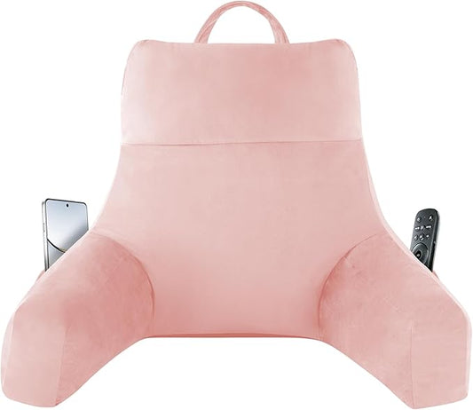 Back Pillow for Bed Sitting up, Reading Pillow for Sitting in Bed Adult, Back Support Pillow, Memory Foam Sit up Lounge Backrest Pillow with Arms for TV, Couch, Chair, Dorm, 20 Inch, Pink