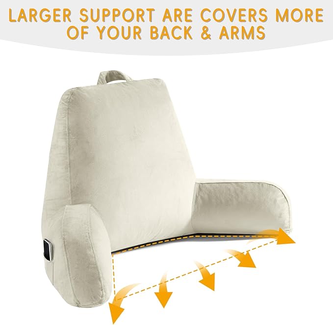 Reading Pillow for Sitting in Bed Adult, Reading Pillow with Shredded Memory Foam, Bed Pillow with Washable Cover, Back Pillow Sitting Up with Extend Arms, Beige, X-Large
