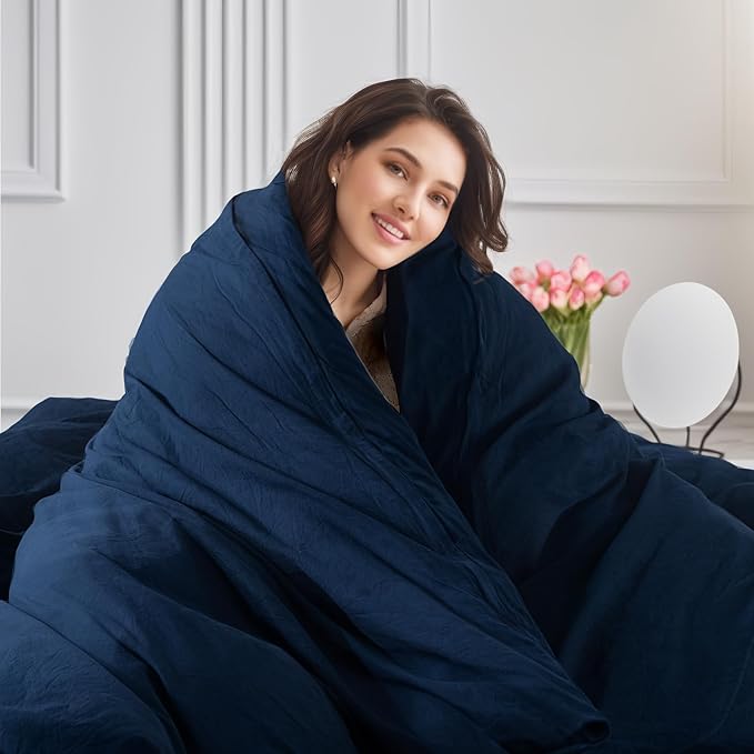 NEXHOME PRO Twin Duvet Cover Set, 100% Certified Organic Cotton with Washed Feel & Linen Like Texture, Comfortable & Breathable, Home Bedding Set Navy (No Comforter)