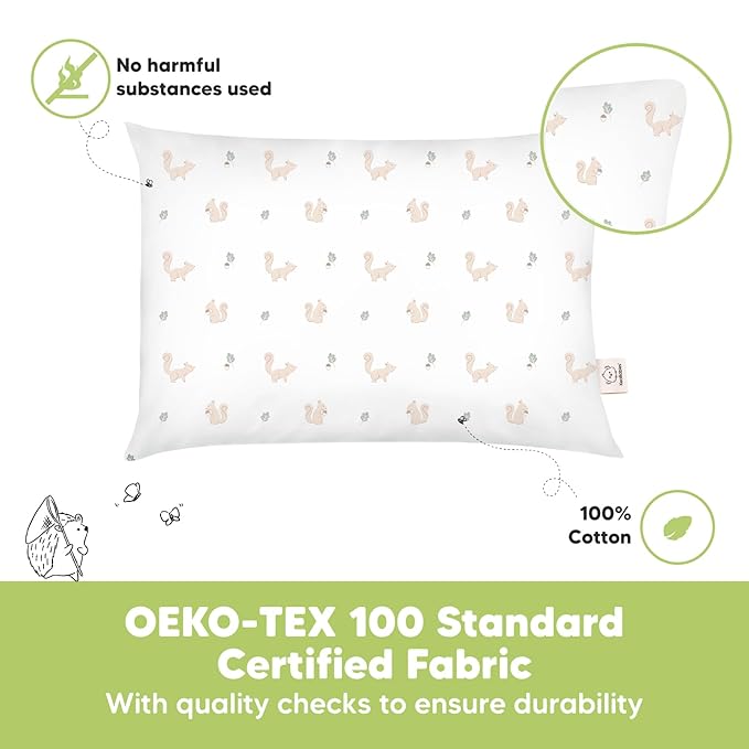 KeaBabies 2-Pack Toddler Pillows 2 Year Old to 5-13x18 Soft Organic Cotton Kids Pillow for Sleeping, Travel, School, Daycare, Nap, Toddler Bed, Machine Washable, Without Pillowcase (Nibbles/Bruce)