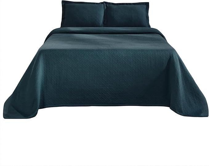 Superior 3 Piece Basketweave Cotton Bedspread Set, Home Bed Decor, Decorative Bed Spread, 2 Pillow Shams, Medium Weight Blanket, Matelasse Coverlet Bedding, Geometric Lattice Pattern, King, Deep Sea