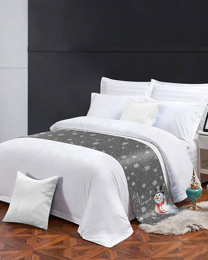 Christmas Snowman Winter Snowflakes Bed Runners for Bedroom Hotel,Decorative Bedding Scarf Gray White Bed End Blanket Bedding Runner Scarves for Twin Size Bed,71x20in