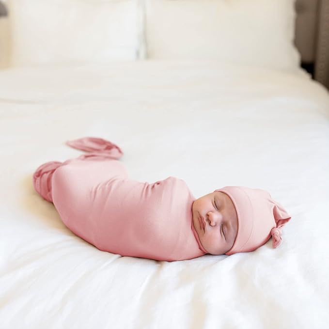 Large Jersey Knitted Swaddle Blanket for Baby, Soft Stretchy Receiving Blanket for Newborns with Hat, Baby Nursery Swaddle 47 x 47 inches(Rose)