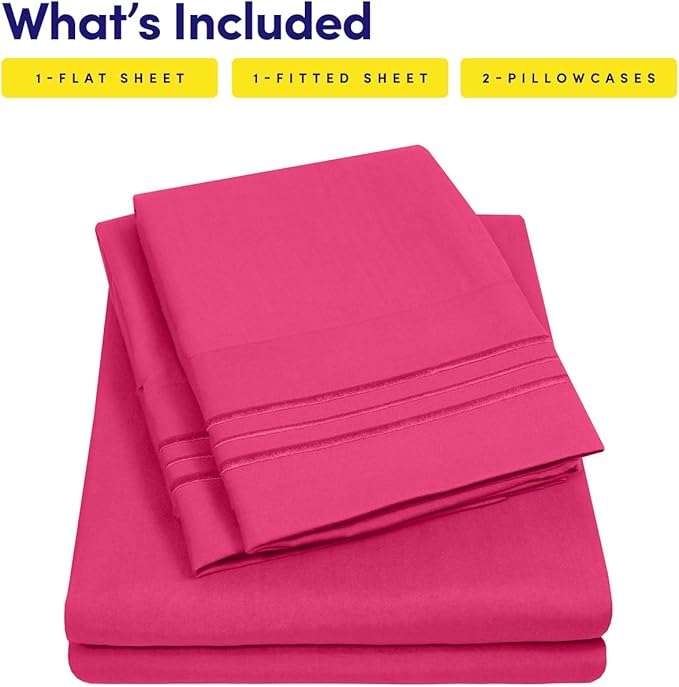 California King Size Sheet Set with Built-in Sheet Straps - Deep Pocket Fitted Sheet, Flat Sheet & Pillowcases - Soft, Wrinkle-Free, Secure Fit - Fuschia