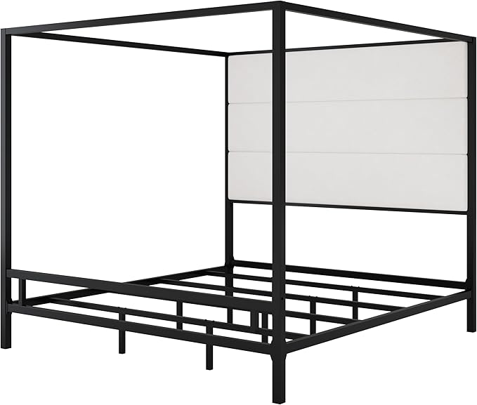 Merax King Size Modern Canopy Bed Frame, with Tall Linen Fabric Upholstered Headboard Metal 4-Poster, Box Spring Needed, Black + White