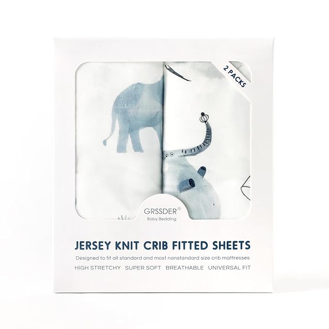 GRSSDER Stretchy Ultra Soft Jersey Knit Fitted Crib Sheets Set 2 Pack，Universal Fit All Standard Crib Mattress Pads Safe and Snug, Stylish Crib Fitted Sheet for Boys and Girls, Cute Elephant