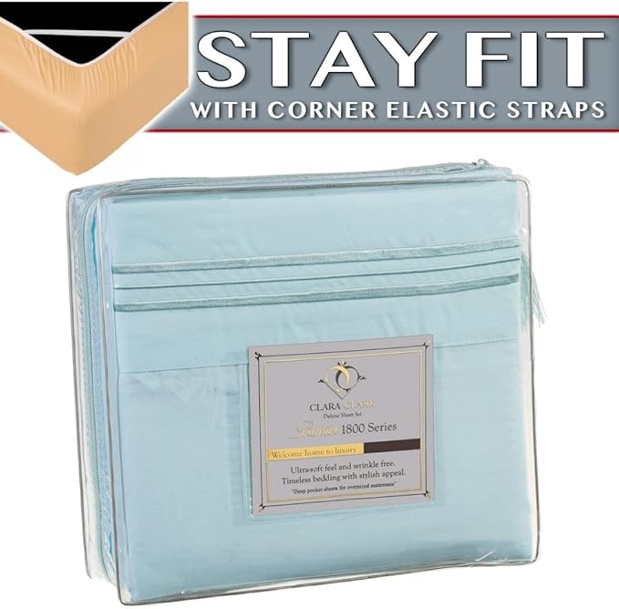Clara Clark 1800 Series Bed Sheet Sets - Stay fit on Mattress with Elastic Straps at Corners - King, Light Blue Aqua