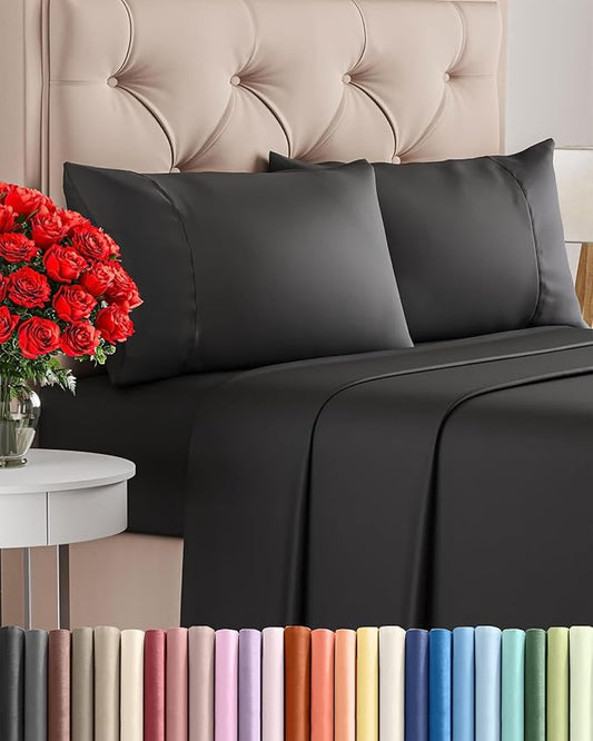 Twin 4 Piece Sheet Set - Comfy Breathable & Cooling - Ultra Soft Hotel Luxury Bedding Set with 8-16 Inch Deep Pockets - 1 Flat & 1 Fitted Sheet & 2 Pillowcases - Cozy, Wrinkle Free & Easy Care - Black