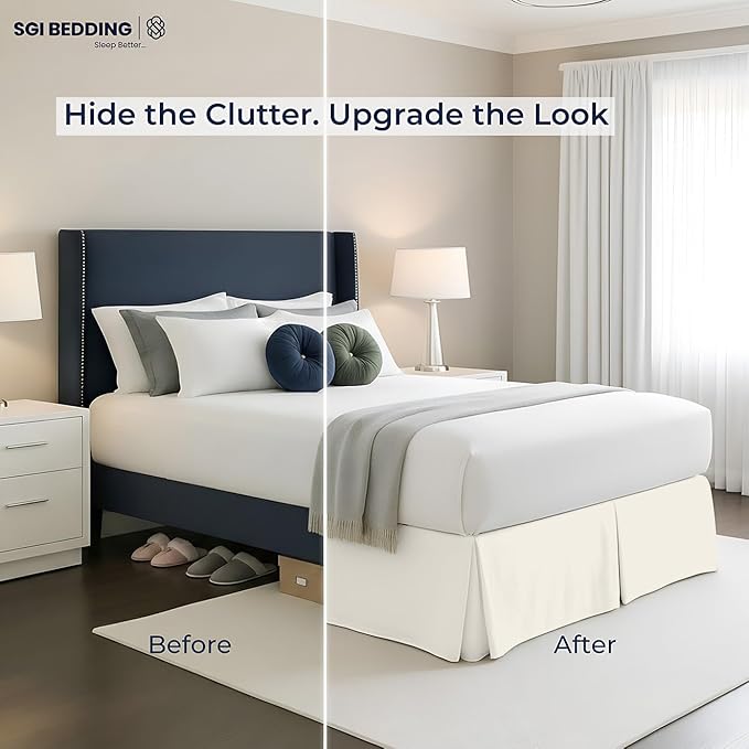 SGI Bedding 12 inch Drop Bed Skirt Cal King Size - Platform Style with Secure Fit, Classic Tailored Look, Elegant Pleated Style Dust Ruffle, Split Corners, Wrinkle Resistant Microfiber - Ivory