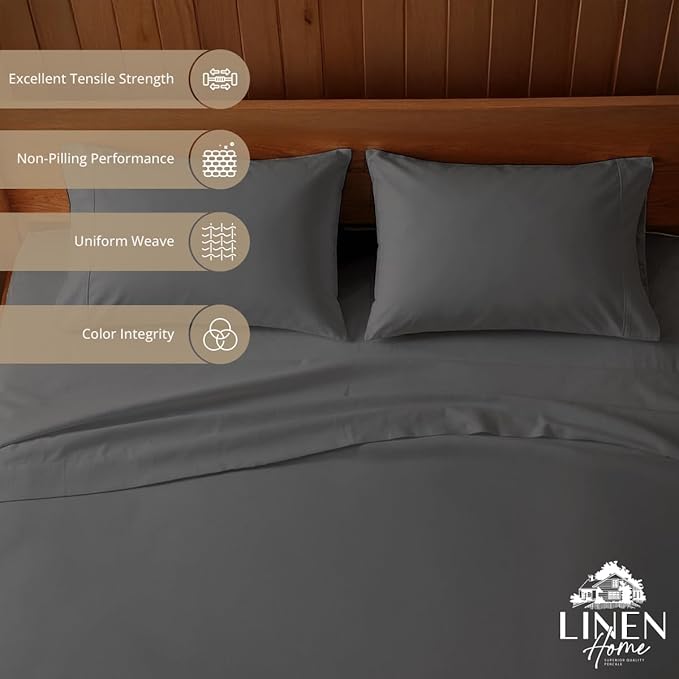 Linen Home 100% Cotton Percale Sheets Full Size, Smoky Charcoal, Deep Pocket, 4 Pieces Set - 1 Flat, 1 Deep Pocket Fitted Sheet and 2 Pillowcases, Crisp Cool and Strong Bed Linen