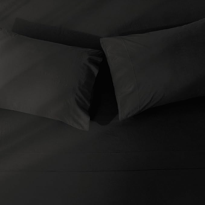JIYUAN 100% Washed Cotton Sheet Set 4 Pieces Queen,1 Fitted Sheet,1 Flat Sheet and 2 Pillowcases,Comfy and Breathable Linen Like Bedding Set,Black