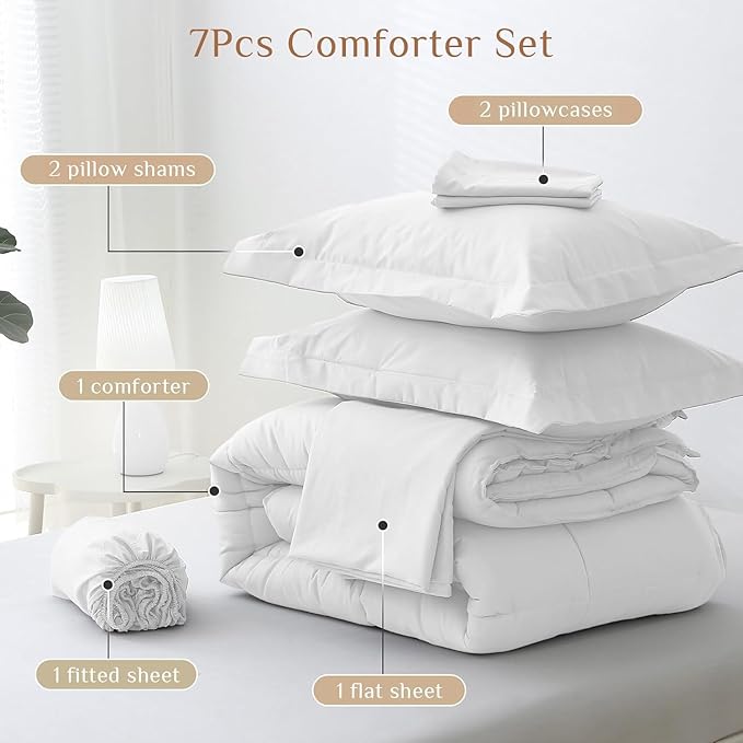 JOLLYVOGUE California King Comforter Set, Ultra-Soft Bed in a Bag Cal King Size 7 Pieces, Oeko-TEX Certified Bedding Set with Down Alternative Comforter, Sheets, Pillowcases & Shams, White