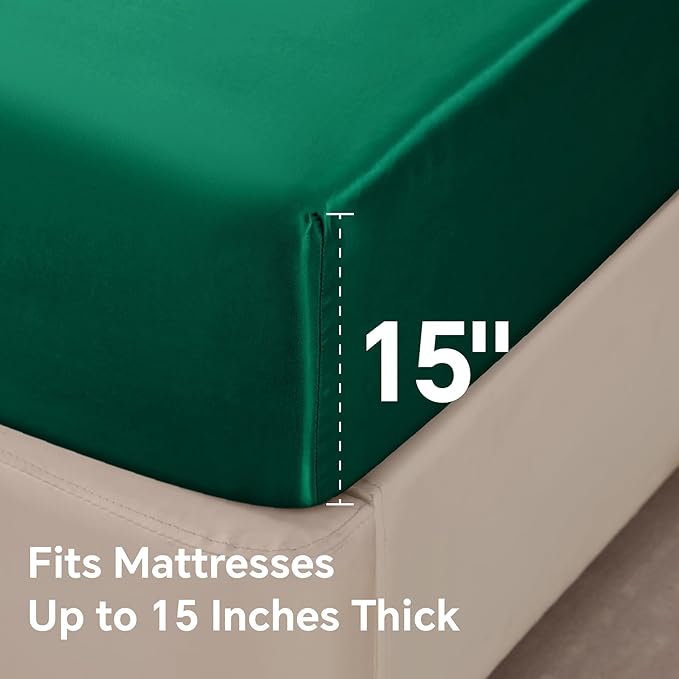 BEDELITE California King Sheets Set, Luxury Soft Dark Green Satin Sheets for Hair and Skin, Similar to Silk Bed Sheets Set 4 Pieces with 1 Deep Pocket Fitted Sheet, 1 Flat Sheet, and 2 Pillowcases