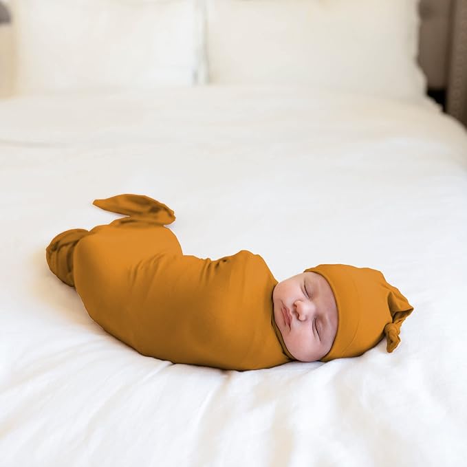 Large Jersey Knitted Swaddle Blanket for Baby, Soft Stretchy Receiving Blanket for Newborns with Hat, Baby Nursery Swaddle 47 x 47 inches(Copper)