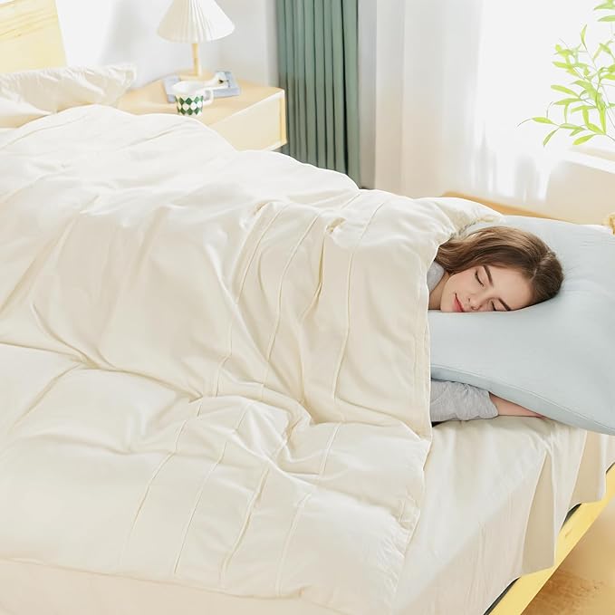 NEXHOME PRO 100% Organic Cotton Duvet Cover King, Linen Like Pleated Textured Ivory Duvet Cover Set, 3pc Bedding Set with Zipper Closure, Soft, Lightweight and Breathable,104"x90", No Comforter