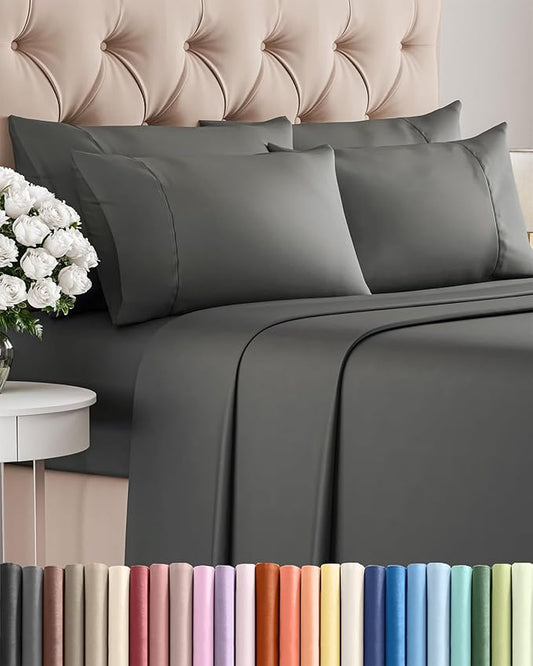 Full 6 Piece Sheet Set - Comfy Breathable & Cooling - Ultra Soft Hotel Luxury Bedding Set w/ 8-16 Inch Deep Pockets - 1 Flat & 1 Fitted Sheet & 4 Pillowcases - Wrinkle Free and Easy Care - Charcoal