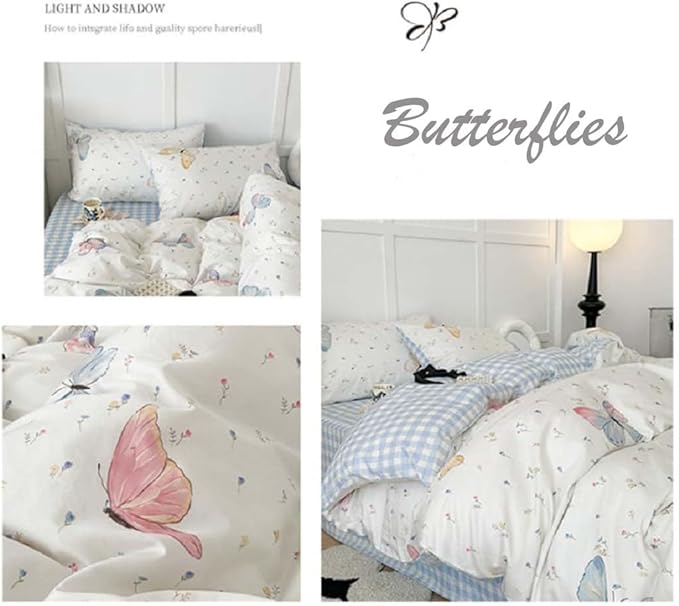 Nayoroom Butterfly Duvet Cover Queen Size Reversible Blue White Gingham Bedding Set 3 Pcs Kids Girls Colorful Butterflies Comforter Cover with Zipper Closure Soft Breathable Microfiber