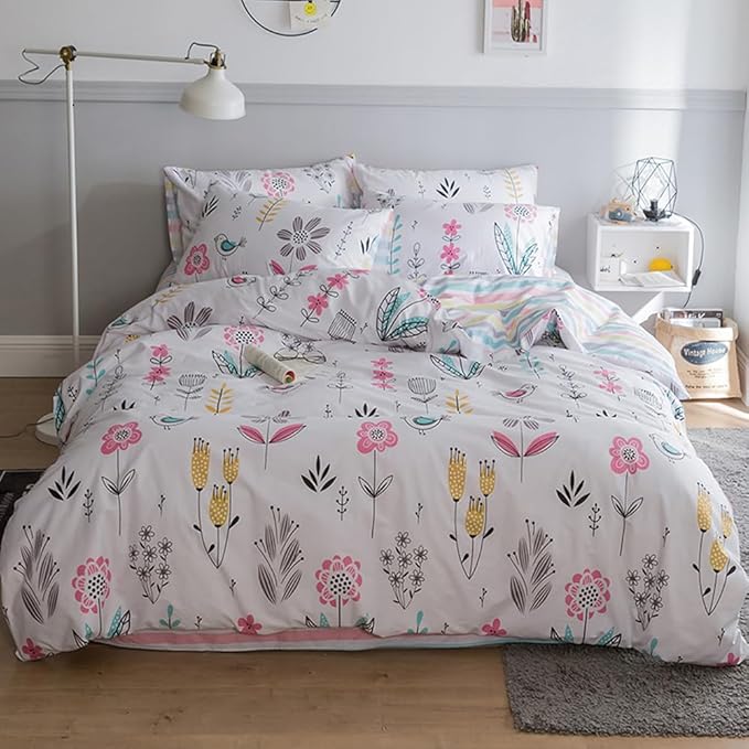 HighBuy Floral Printed Bedding Set Twin XL Duvet Cover Girls Cotton Comforter Cover Twin XL Size Garden Aesthetic Reversible Striped Bedding Sets 3 Piece Boho Comforter Cover Duvet Cover Set
