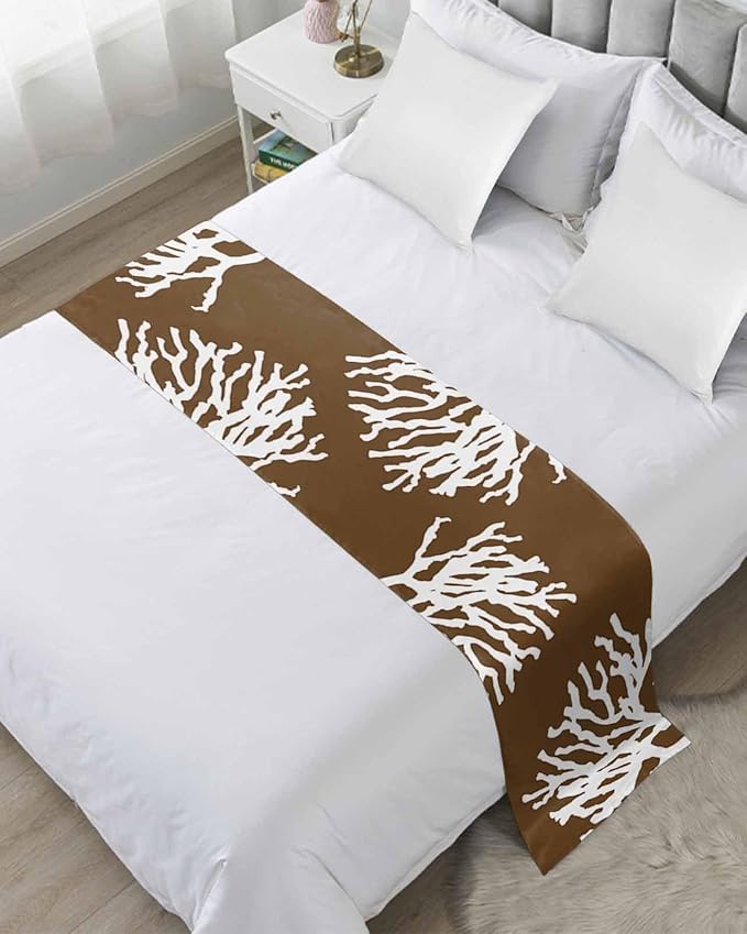 Coral Brown Bed Runner Scarf for Twin Size Bed Foot,Decorative Bedding Accessory Stainproof & Dustproof Soft Protector For Bedroom Hotel Wedding Room White Coastal Ocean Marine Nautical Beach 71"x20"