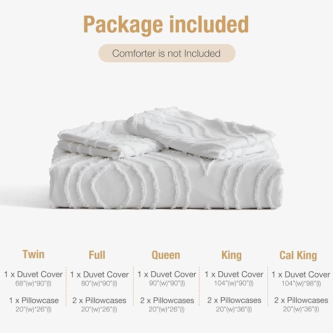 Lekesky White Duvet Cover Queen Size, Boho Tufted Textured Queen Duvet Cover Set 3pcs Ultra Soft Microfiber Breathable Shabby Chic Bedding Sets with Zipper Ties (No Comforter)