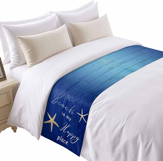 Happy Beach Place Marine Starfish Bed Runners for Bedroom Hotel,Decorative Bedding Scarf Gradient Blue Wood Grain Bed End Blanket Bedding Runner Scarves for Twin Size Bed,71x20in
