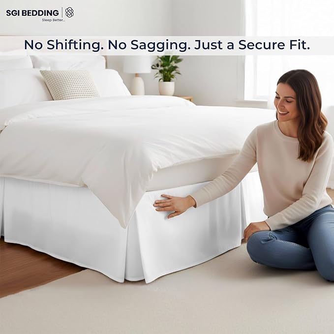 SGI bedding 13 inch Drop Bed Skirt King Size - Platform Style with Secure Fit, Classic Tailored Look, Elegant Pleated Style Dust Ruffle, Split Corners, Wrinkle Resistant Microfiber - White