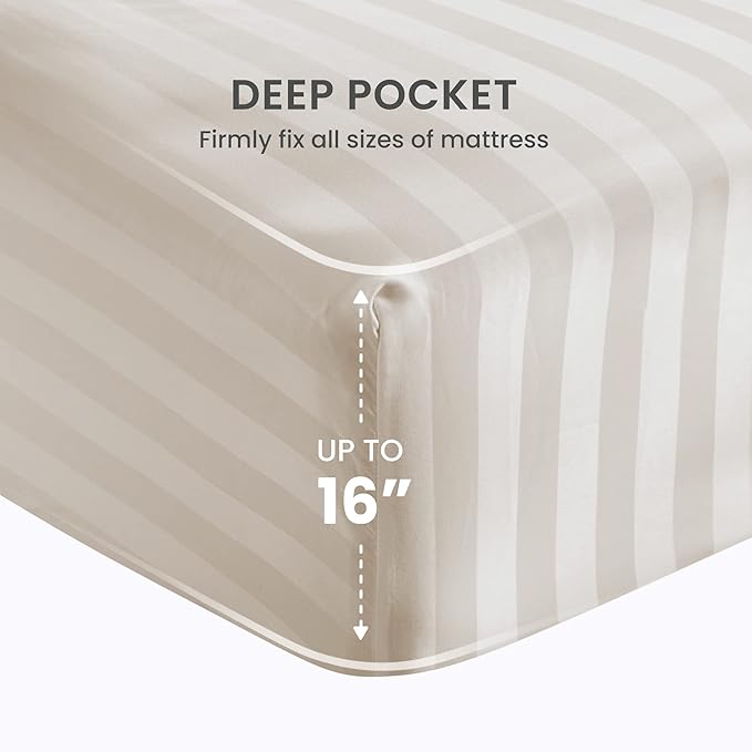 SLEEP ZONE Striped Cooling Sheets Set King Size - Fitted Flat Sheet & Pillowcase Sets 4 Piece - Super Soft Stripe Bed Sheet, Easy Care, Deep Pocket (Beige, King)