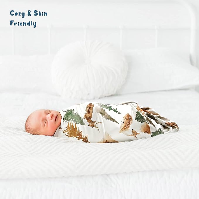 GRSSDER Baby Blankets Super Soft Stretchy Jersey Swaddle Blanket 2 Pack for Baby Boys, Double Layer Reversible Receiving Blankets 34 x 44, Extra Large for Swaddling, Deer & Bear