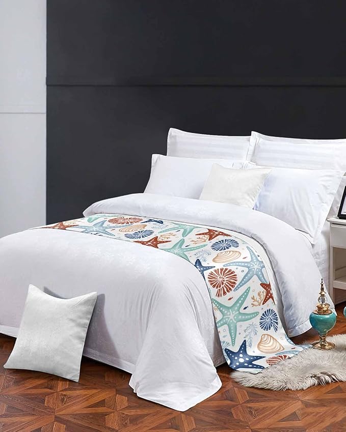 Blue Teal Khaki Coral Bed Runner for Cal. King Size Bed, Bedspread Protector Slipcover Bed Scarf for Foot Bed Runners & Scarves for Bedroom 94x20 Spring Summer Coastal Starfish Beach Nautical Conch