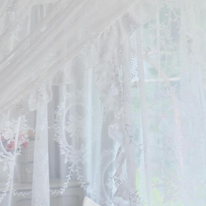 AIKASY Elegant Lace Princess 4-Poster Bed Canopy Mosquito Net - Romantic Wedding Bridal Bedroom Decor, Kids Room Bed Curtain for Women Adults - (White-2,Queen)