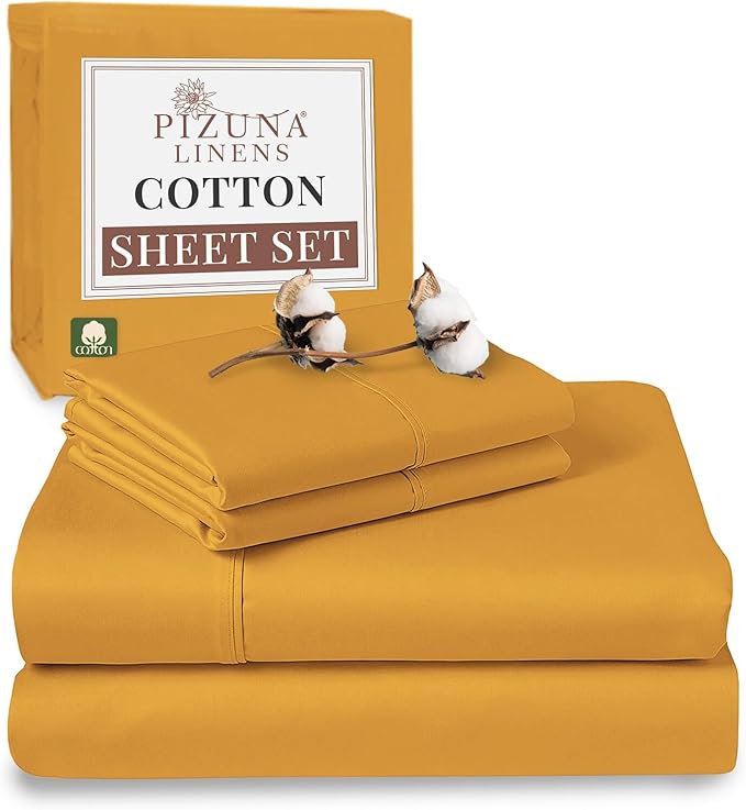 Pizuna Pure 100% Cotton Sheets RV Queen Size, Luxurious 400 Thread Count Long Staple Cotton Sateen Sheet Set with 15" Deep Pocket (Honey Gold)