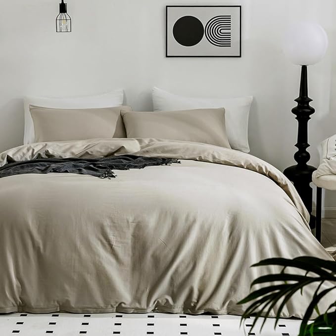 JELLYMONI Cotton Duvet Cover King Size - 100% Washed Cotton Comforter Cover, 3 Pieces Lightweight Soft Bedding Set with Zipper Closure (Linen Grey, King 104"x90")