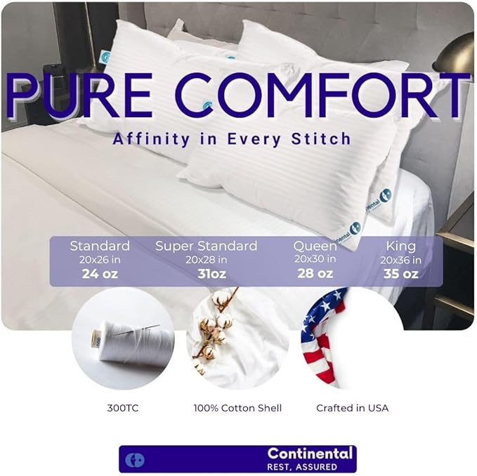 Continental Bedding Affinity Down Alternative Bed Pillow - King Size - 100% Soft Cotton Pillow - Pack of 1 - Polyester Pillow for Sleeping
