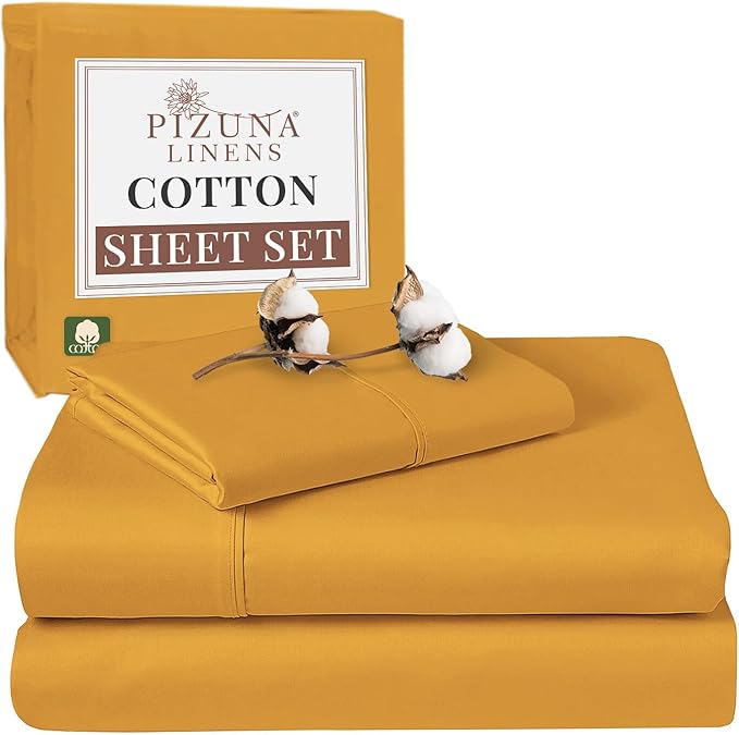Pizuna Pure 100% Cotton Sheet Set Twin, Luxurious 400 Thread Count Long Staple Cotton Sateen Sheets Twin with 15" Deep Pocket (Honey Gold)
