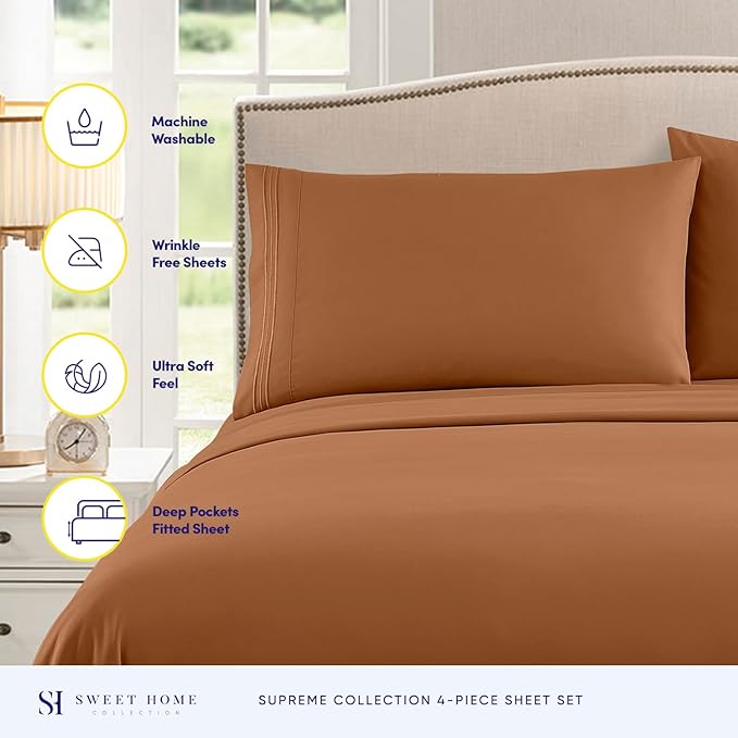 Twin Sheets - Breathable Luxury Sheets with Full Elastic & Secure Corner Straps Built In - 1800 Supreme Collection Extra Soft Deep Pocket Bedding Set, Sheet Set, Twin, Mocha